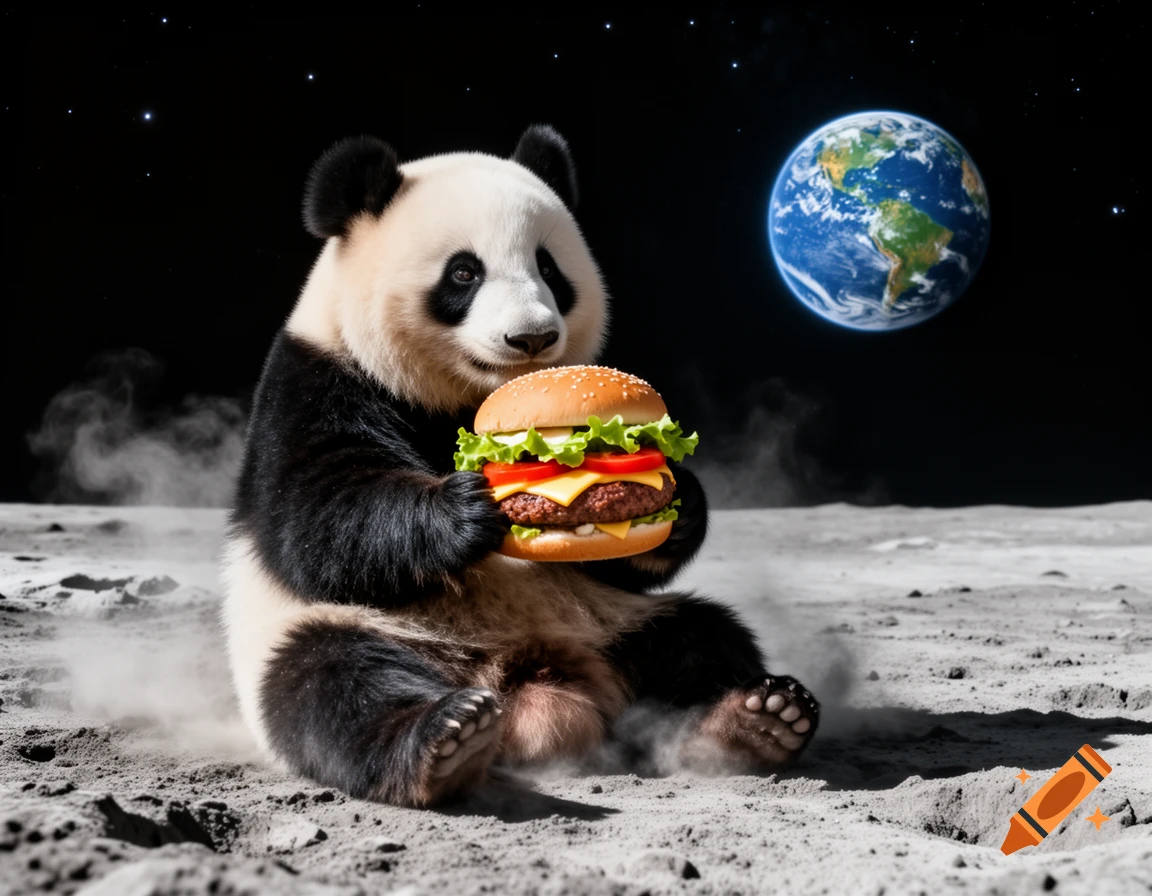 A photorealistic panda sits on the moon's surface, holding and eating a cheeseburger, with Earth visible in the dark starry sky.