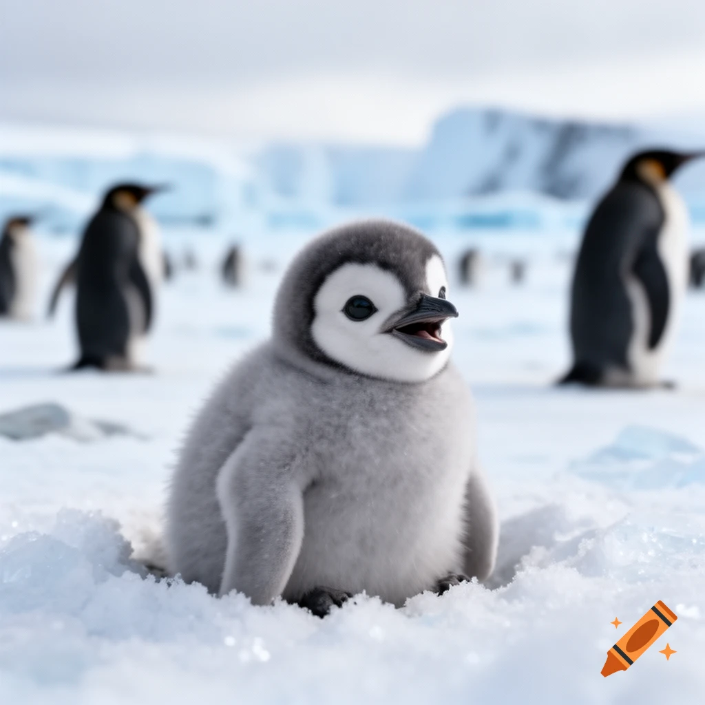 A fluffy baby penguin with wide eyes and open beak sits in the snow, with blurred adult penguins and icebergs in the background.