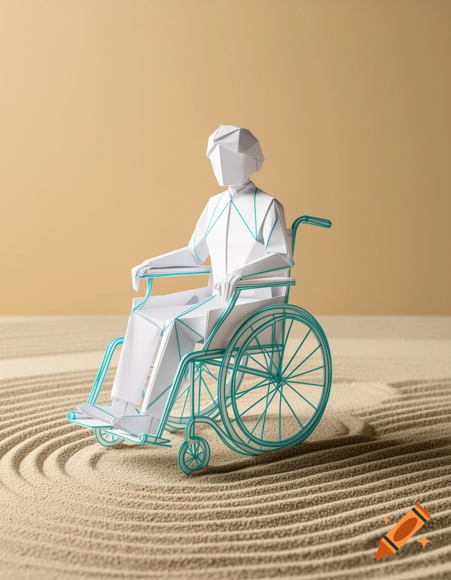 An origami figure in a wheelchair, with turquoise lines, sits on raked sand in a Japanese garden style against a beige background.
