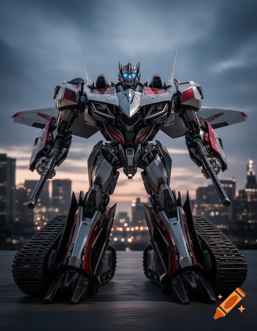 A detailed, photorealistic transformer robot with jet-like wings, tank treads for legs, and glowing blue eyes, standing in a city at dusk.