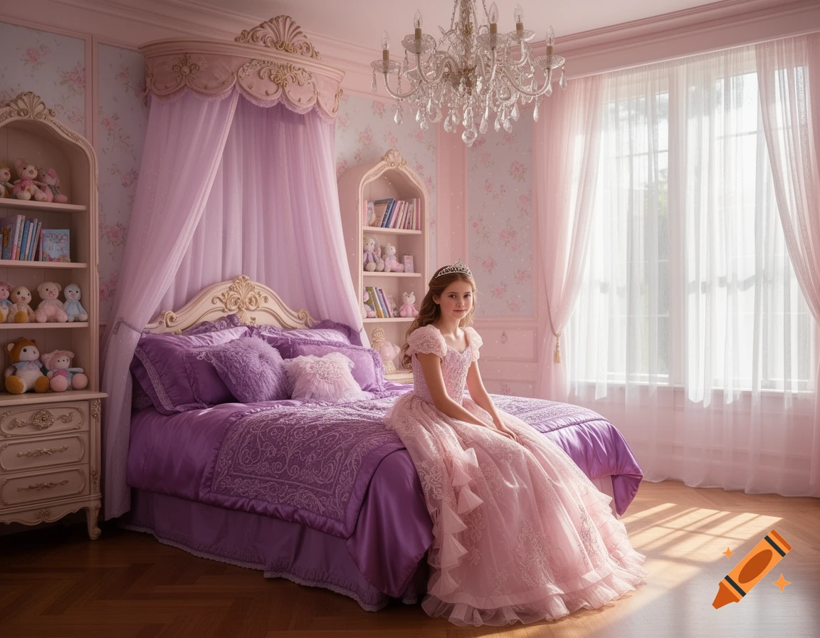 A young girl in a pink princess dress sits on a purple canopy bed in a pink and purple princess bedroom, lit by a window.