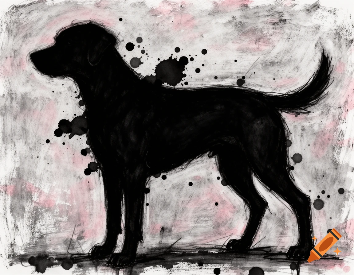 A rough drawn black dog silhouette with ink splatters on a textured pink and grey pastel background.