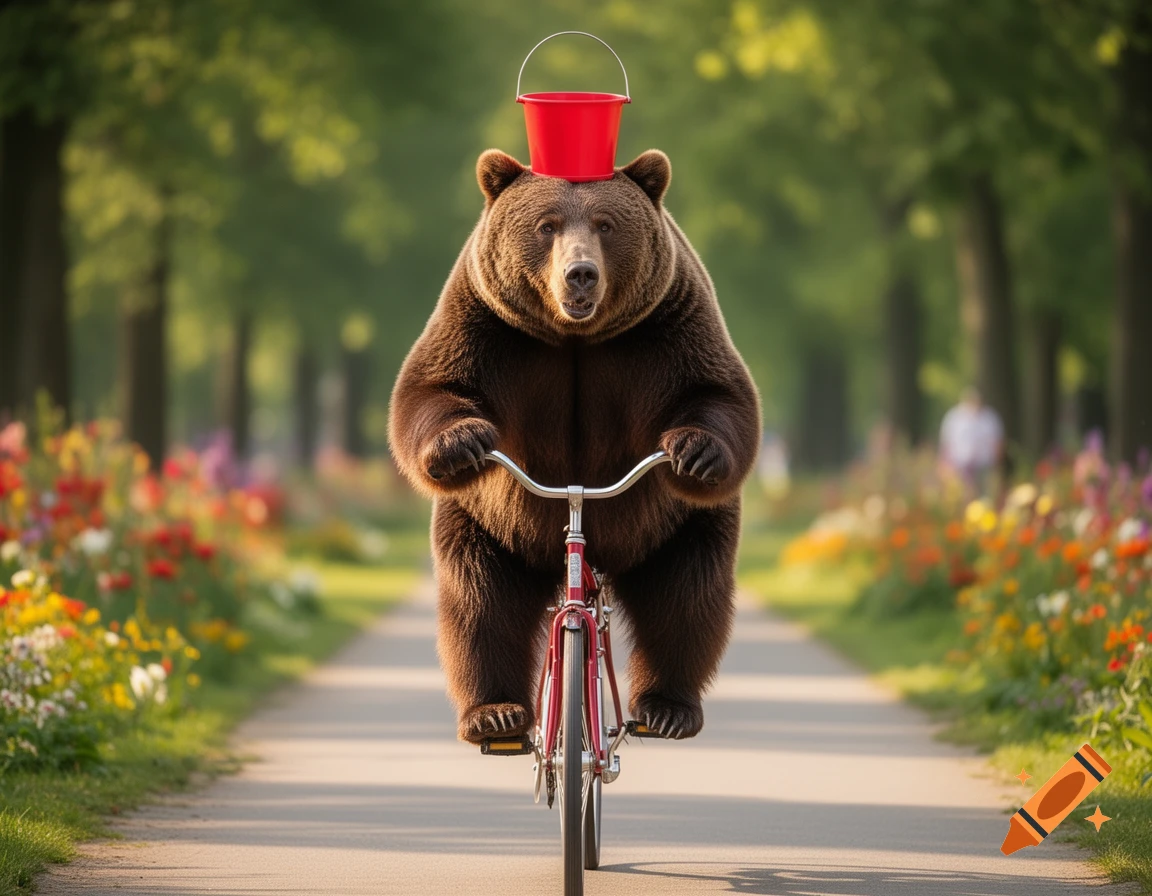 A photorealistic brown bear rides a red bicycle down a flower-lined path, a red bucket perched on its head.