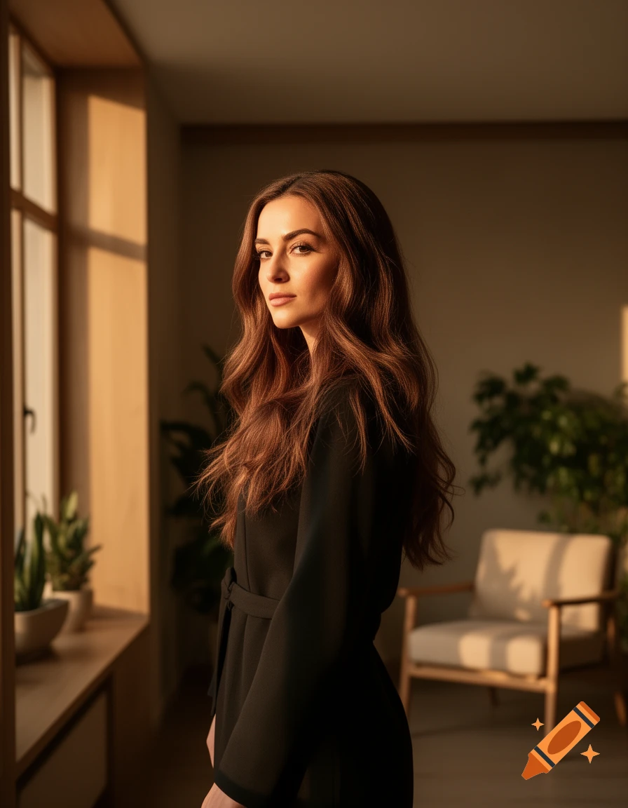 A woman with long brown hair looks over her shoulder, standing in a sunlit room wearing a black dress.