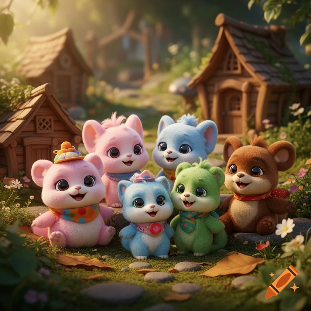 Six colorful, fluffy, cartoon-style animals with big eyes and smiles sit on grassy ground near small wooden houses.