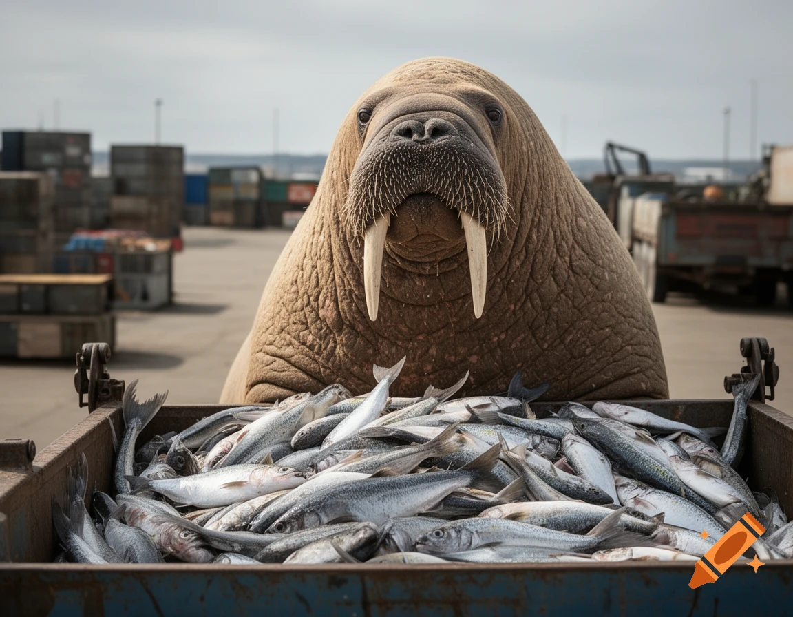 A large walrus peers over a dump truck bed filled with numerous fish in a bustling harbor.