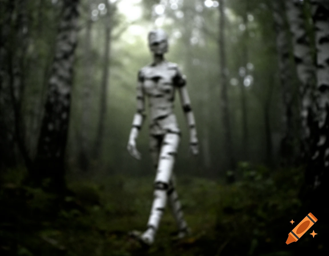 A blurry photo of a lanky, birch-like creature walking through a dark, misty forest.