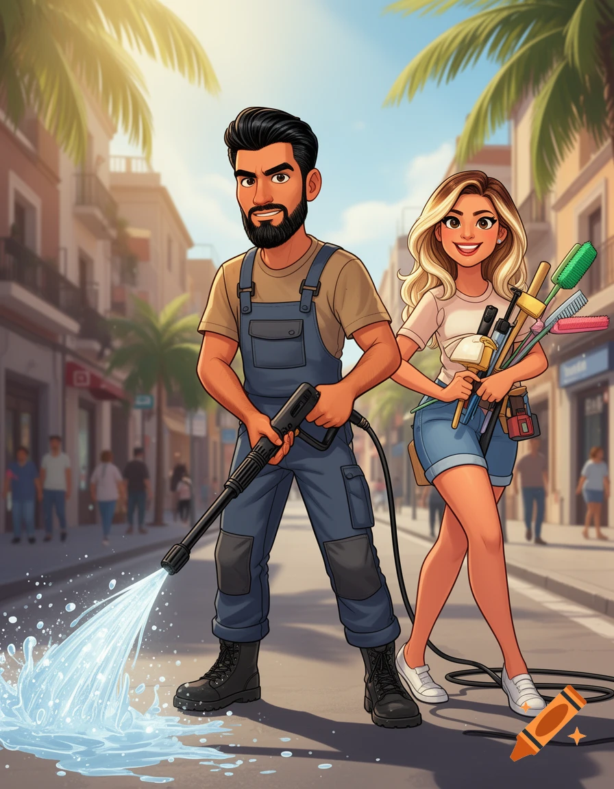 Cartoon man pressure washing, woman with cleaning tools, on a sunny street with palm trees and buildings.