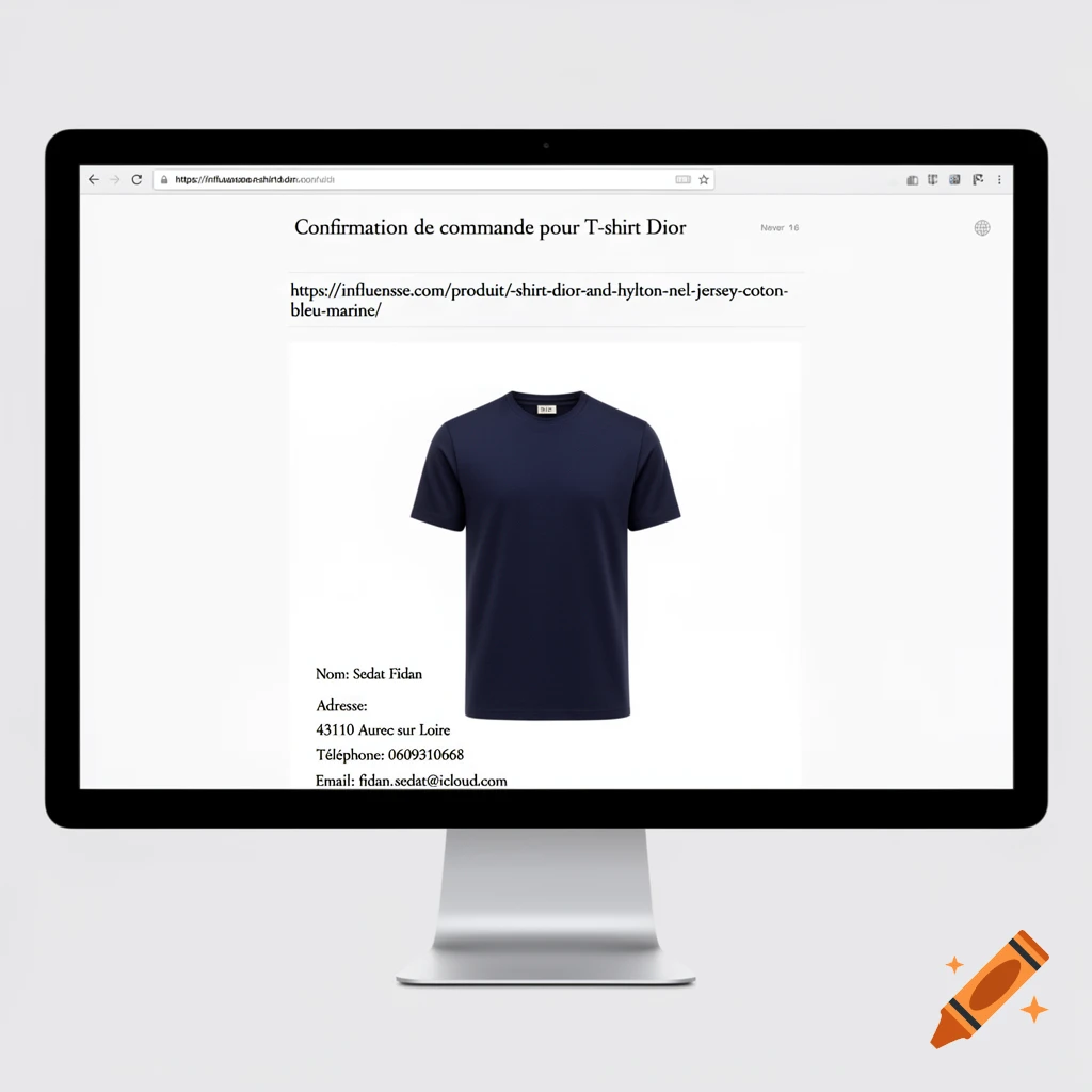 A computer monitor displays an order confirmation email for a navy Dior T-shirt, showing product details and customer shipping information.