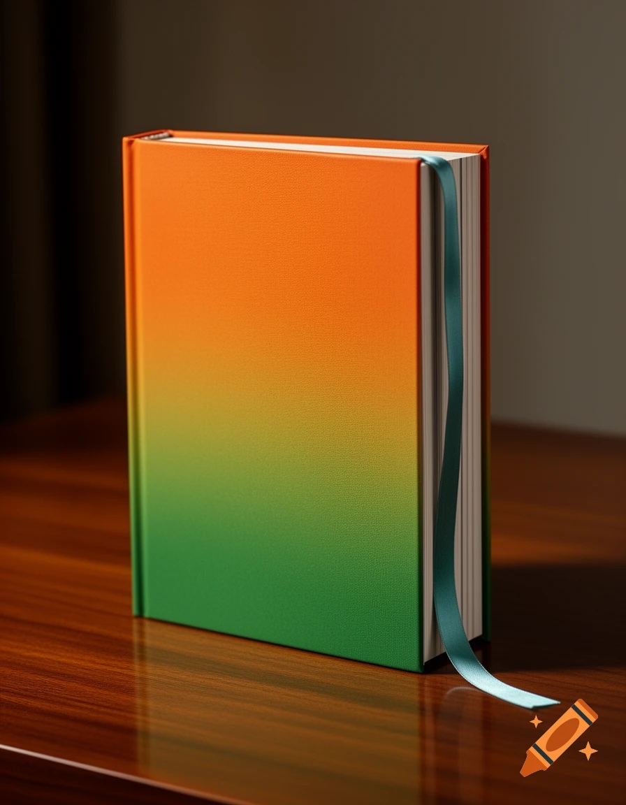 A thick hardcover book with an orange and green gradient cover and a blue ribbon bookmark stands on a polished wooden table.