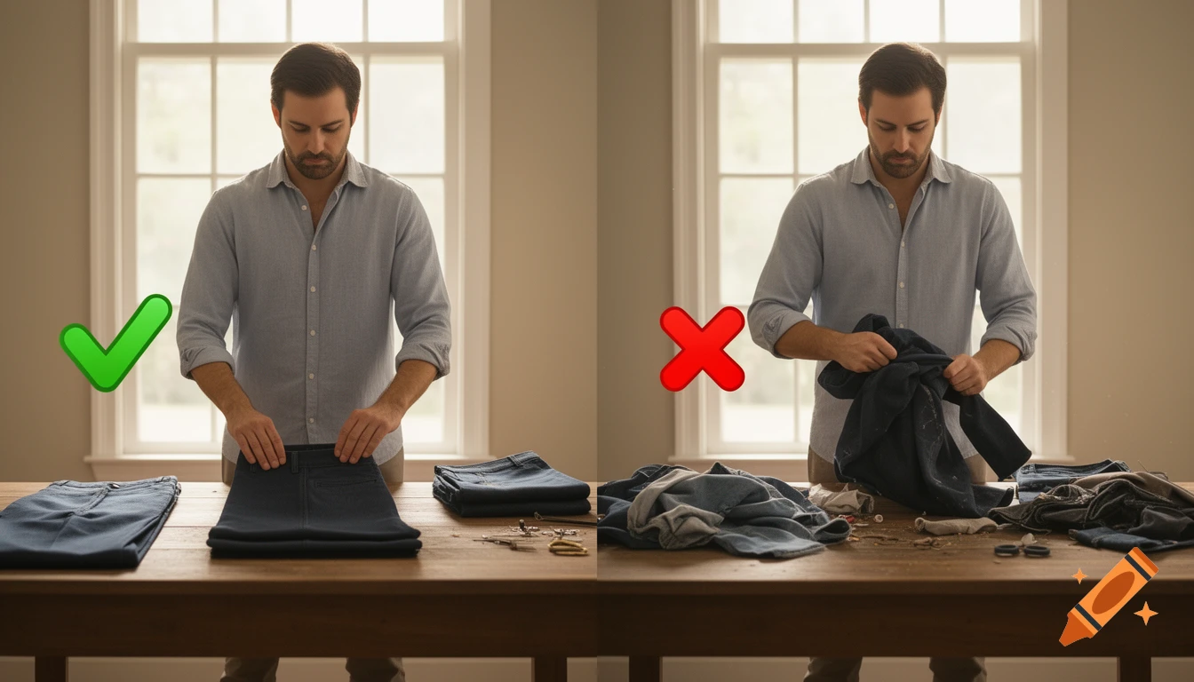 Photorealistic image of a man demonstrating correct and incorrect ways to fold jeans on a table, marked with a green check and a red X.