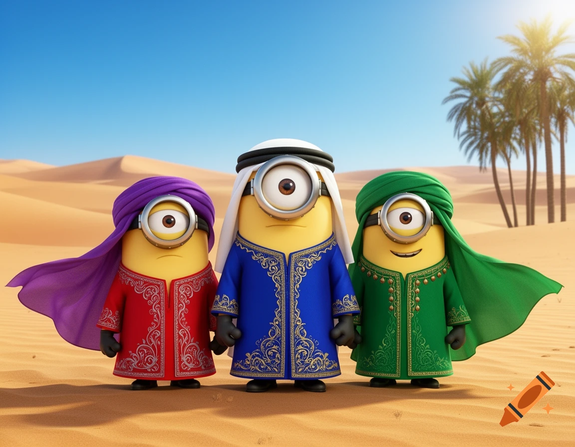 Three one-eyed Minions in colorful traditional Arabic clothing stand in a desert with sand dunes and palm trees.