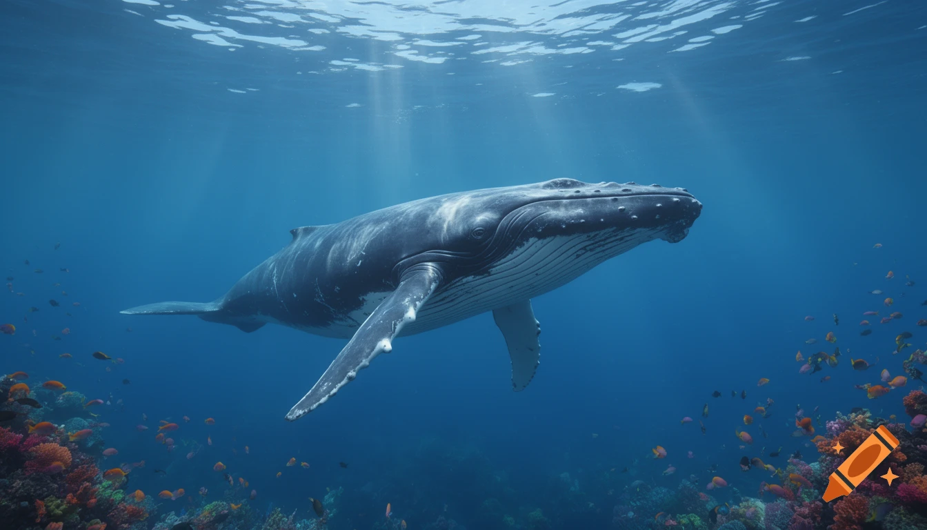 A large humpback whale swims gracefully underwater, bathed in sunlight, above a vibrant coral reef teeming with colorful fish.