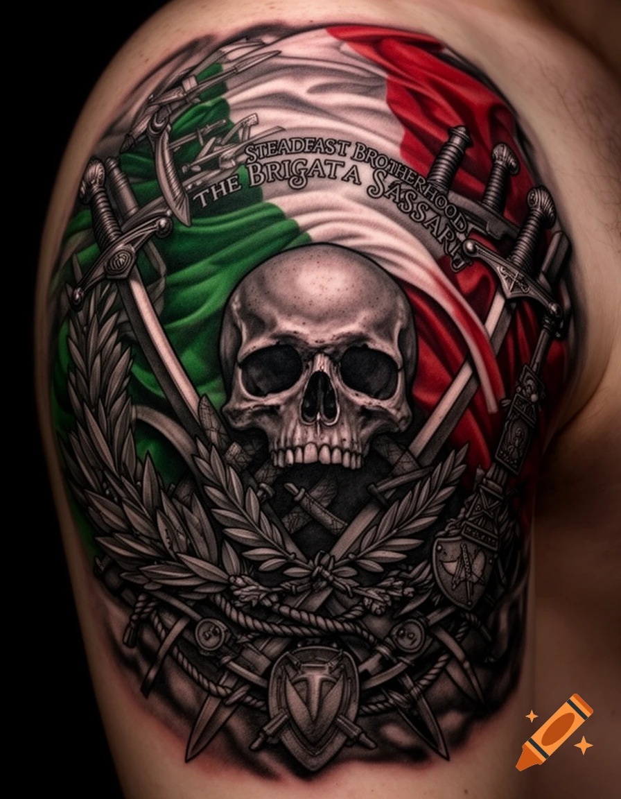 Dark realistic shoulder tattoo featuring an Arditi skull, crossed swords, a laurel wreath, and an Italian flag.
