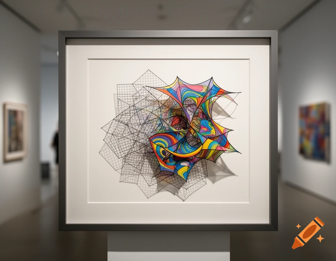 A vibrant, colorful abstract artwork with a tangled, geometric design, framed and matted, displayed in an art gallery.