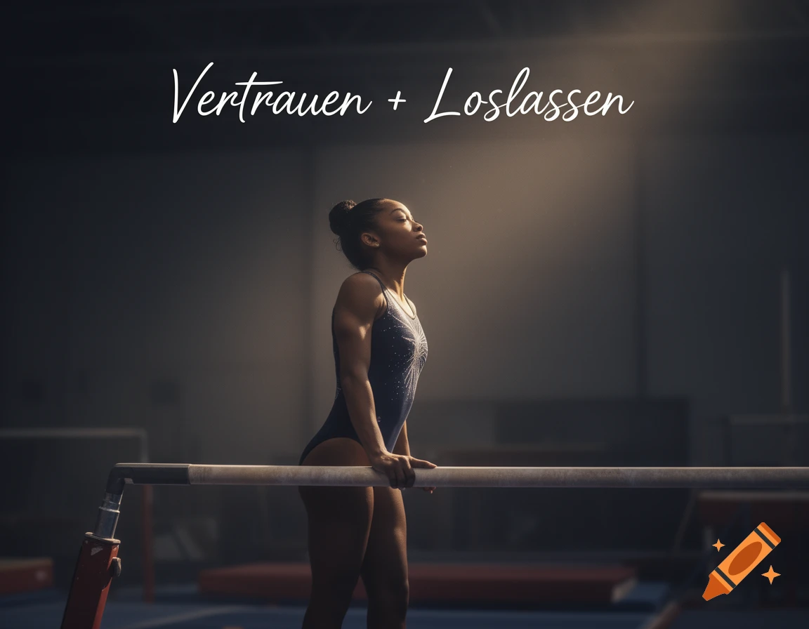 A female gymnast stands by parallel bars in a dimly lit gym, looking up into a beam of light. Text reads 'Vertrauen + Loslassen'.