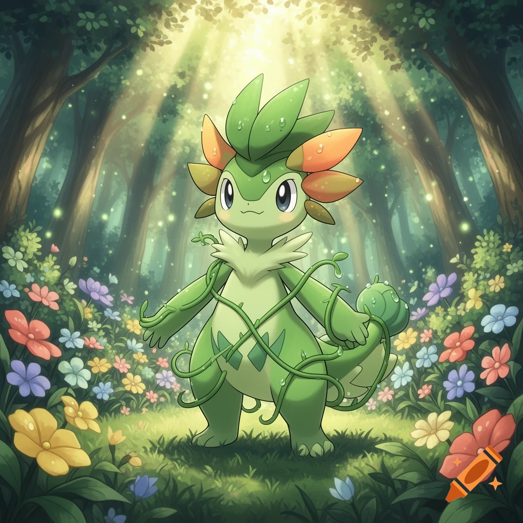 A cute green, grass-type Pok 00e9mon with leaf ears and vines stands in a sunlit, flower-filled forest.