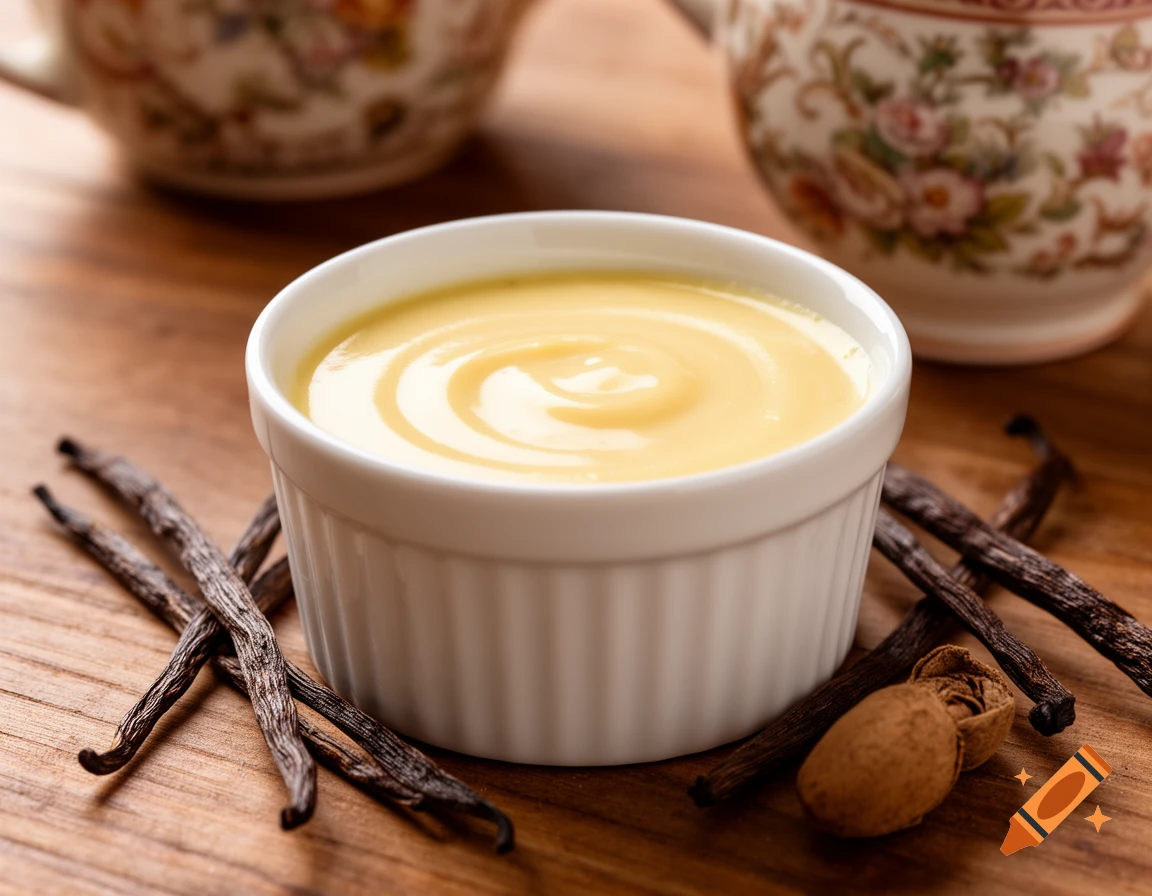Creamy vanilla custard in a white bowl, surrounded by vanilla beans and a nut on a wooden table with patterned teacups.