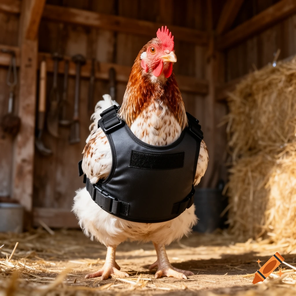 A brown and white speckled chicken stands in a barn, wearing a black tactical vest.