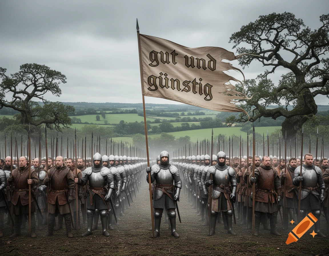 A medieval army of soldiers in armor holds spears, with a flag reading "gut und günstig" in a field under a cloudy sky.