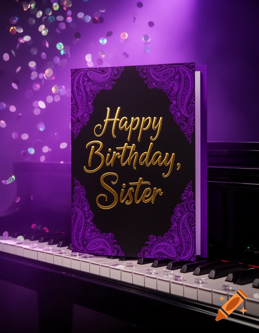 A birthday card with 'Happy Birthday, Sister' in gold text stands on a piano keyboard amidst falling purple confetti.
