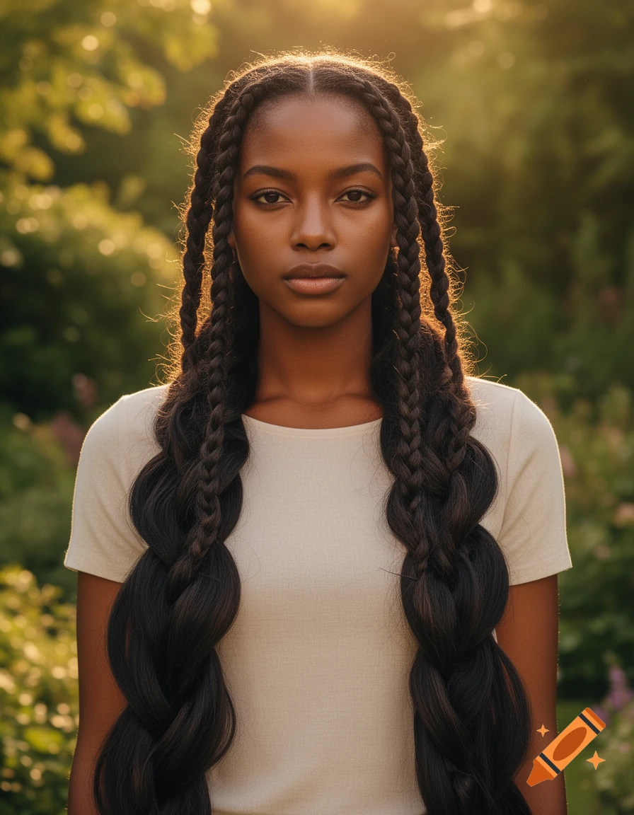 A young woman with long, thick braided hair and dark skin, wearing a light t-shirt, stands in a sunlit garden.
