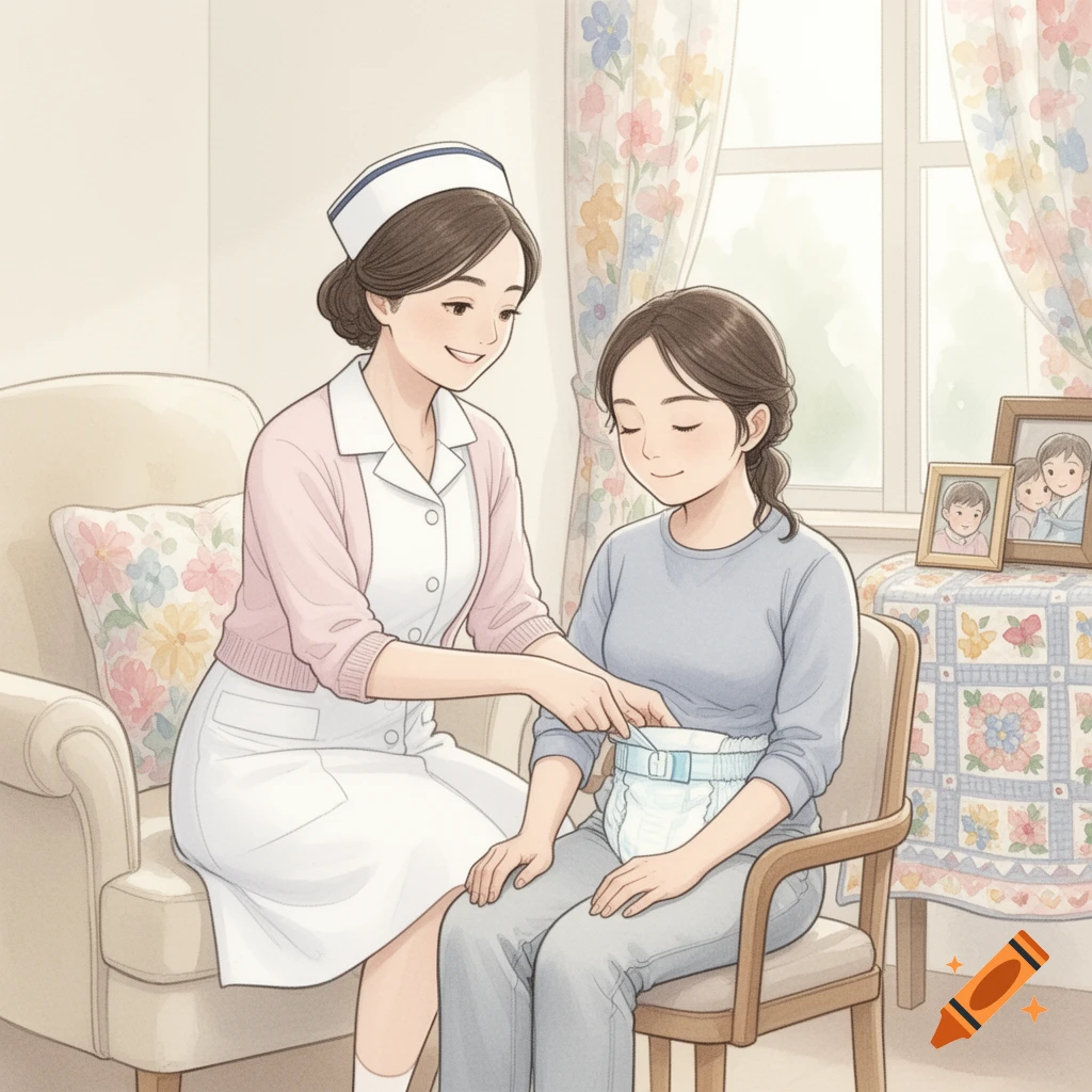 Anime-style illustration of a nurse checking a young woman's diaper in a care setting.