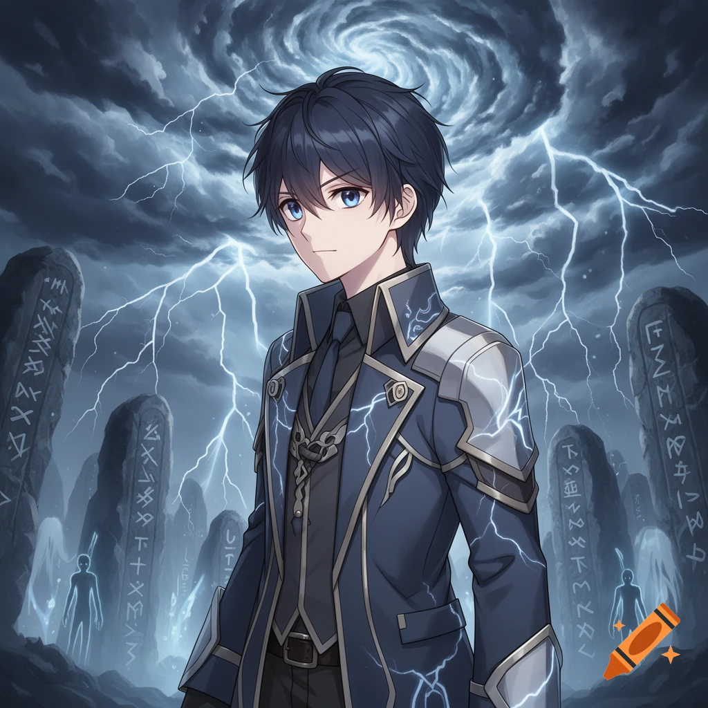 Anime character with dark hair and blue eyes, wearing a dark blue suit with lightning accents, against a stormy, swirling sky with lightning and ancient rune-carved monoliths.