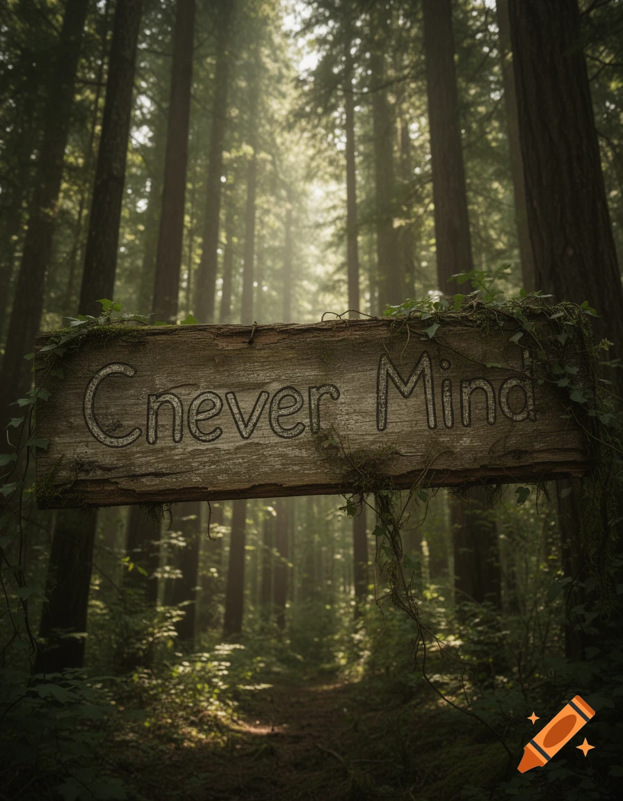 A rustic wooden sign reading "Cnever Mind" hangs amidst sun-drenched tall trees in a lush forest with a visible path, photorealistic.