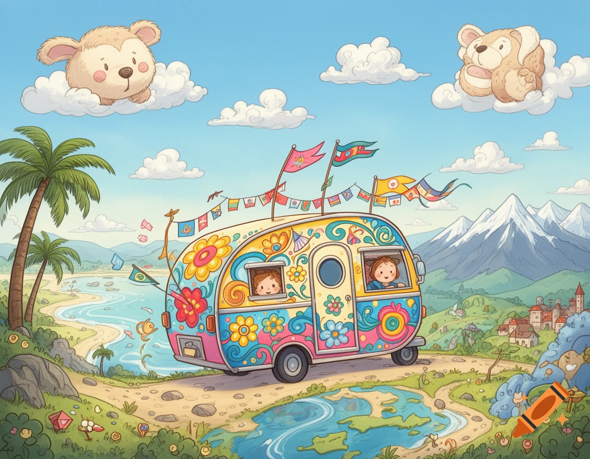 Colorful, whimsical cartoon of a flower-decorated campervan with kids traveling through a vibrant landscape of beach, mountains, and bear clouds.