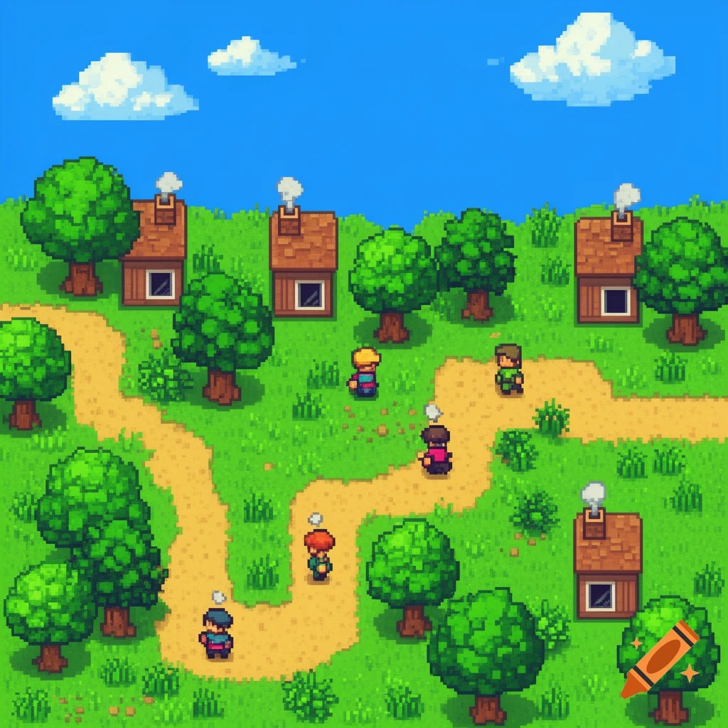 A top-down pixel art scene of a village with small characters, houses, trees, and a winding path on a green landscape.