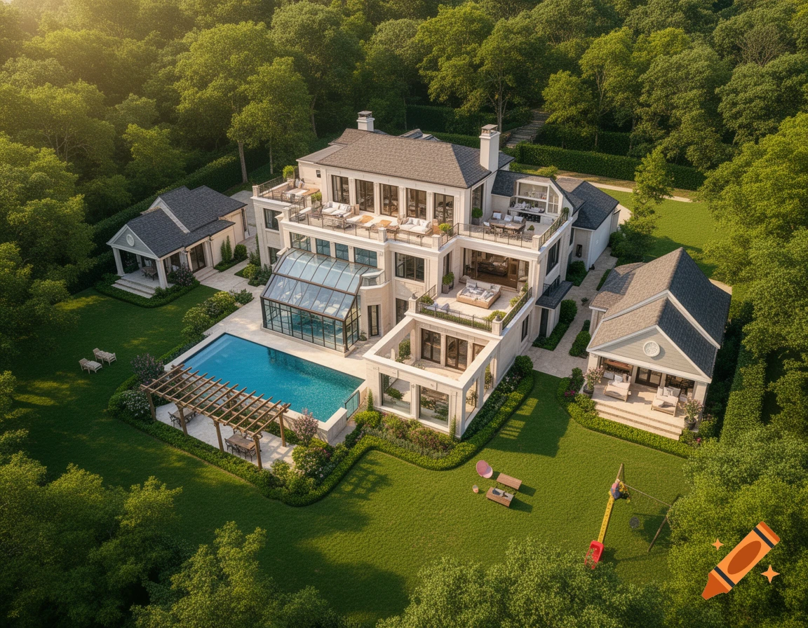 High-angle aerial view of a luxurious multi-story mansion with a swimming pool, multiple terraces, sunroom, and manicured lawns, surrounded by lush green trees.