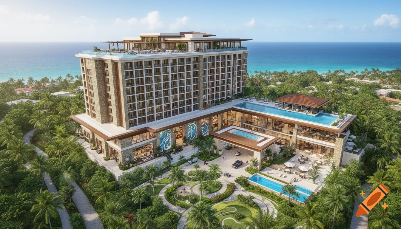Aerial view of a luxurious Caribbean hotel resort by the ocean, with multiple pools, lush tropical landscaping, and clear blue skies.