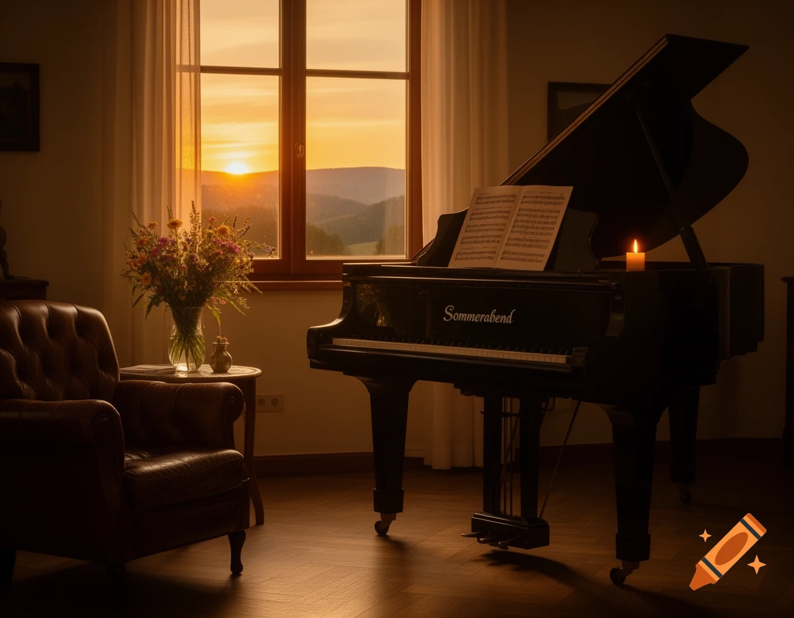 A grand piano with sheet music and a lit candle stands in a warm room, illuminated by a sunset visible through a large window. A leather armchair and flowers are nearby.