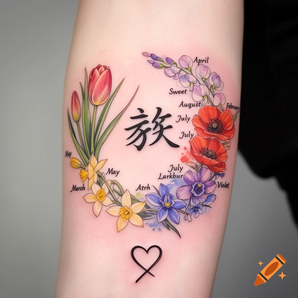 A colorful tattoo on an arm, featuring a crescent of birth flowers representing various months, surrounding the Japanese character for 'clan' or 'family'. A simple heart outline is below.