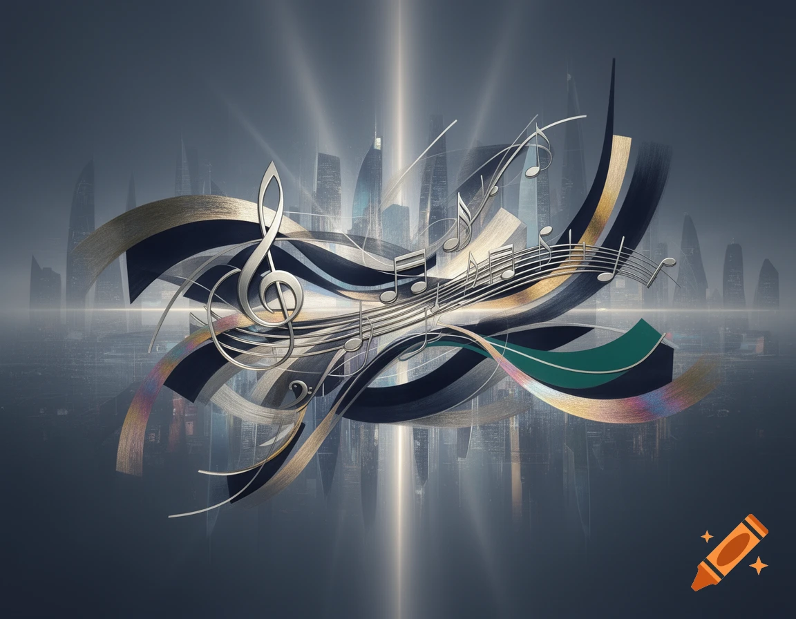 Abstract art with a silver treble clef and musical notes amidst flowing metallic ribbons, set against a hazy modern cityscape.