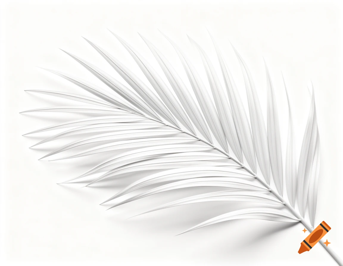 A white palm frond with delicate fronds and a central stem, casting soft shadows on a stark white background.