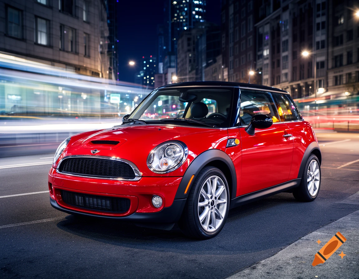 A shiny red Mini Cooper car is parked on a wet city street at night, with blurred light trails and buildings in the background.