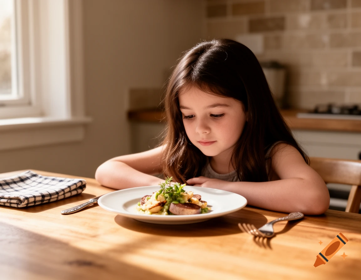 Young girl with long dark hair looking down at a plate of food on a wooden table in a sunlit kitchen.