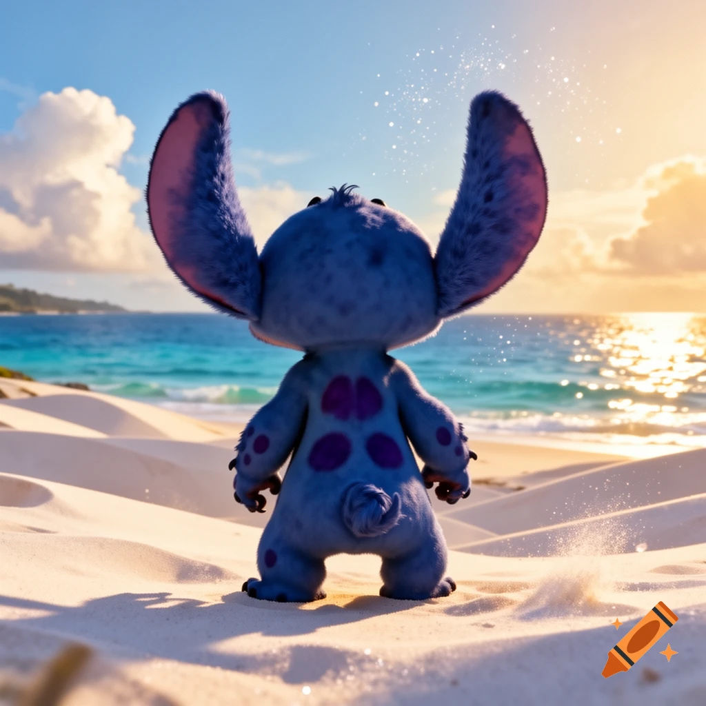Photorealistic render of blue alien character Stitch standing on a sandy beach, looking at the ocean during sunset.
