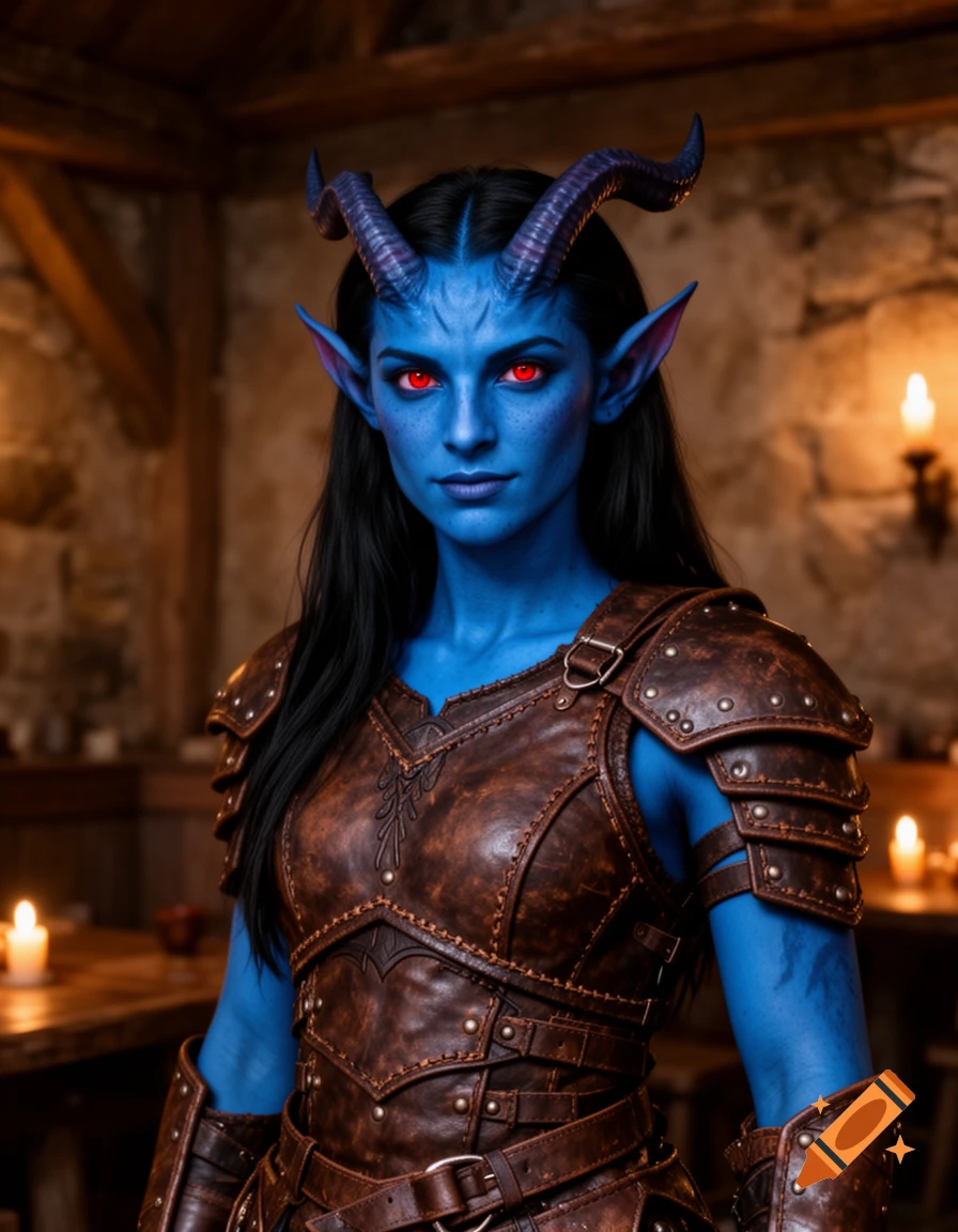 Photorealistic portrait of a blue-skinned Tiefling with horns and red eyes, wearing elaborate leather armor in a rustic tavern.