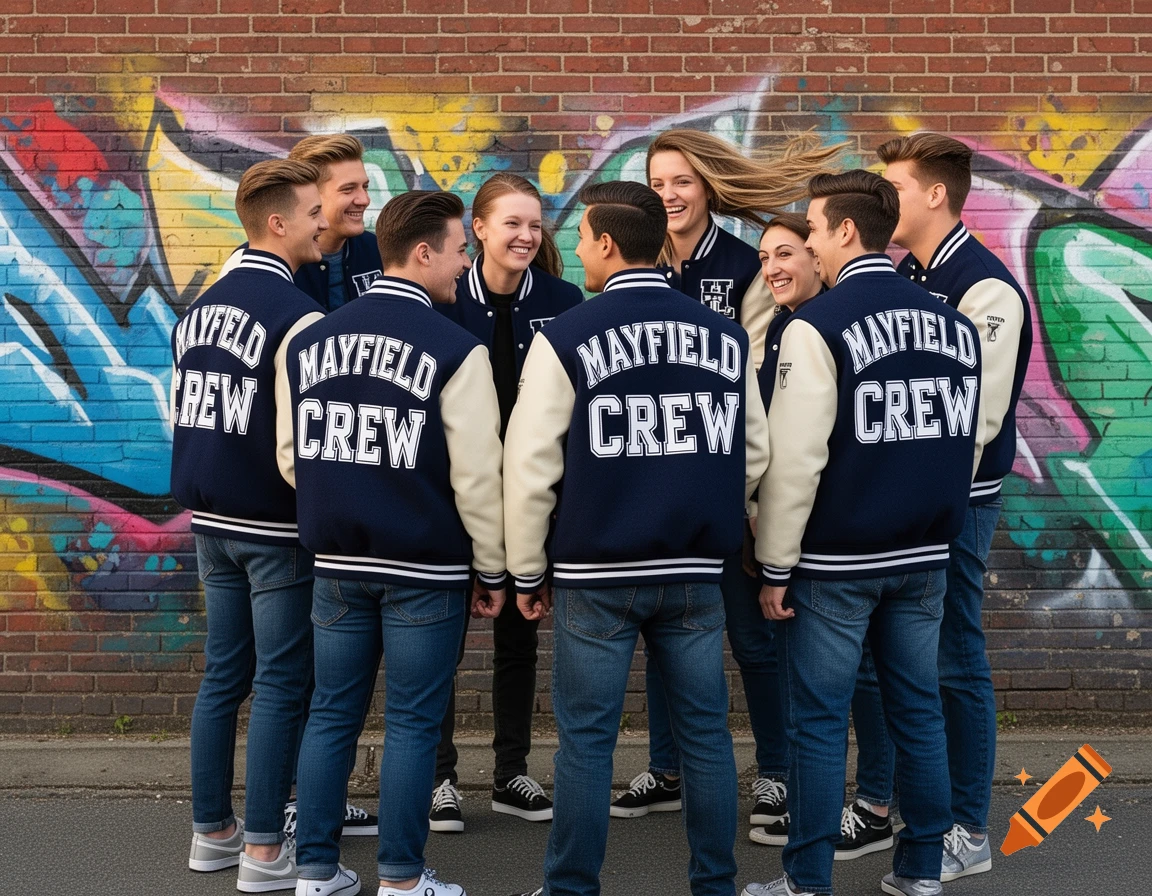 A group of young adults in navy blue and cream 'Mayfield Crew' letterman jackets smile in front of a graffiti brick wall.