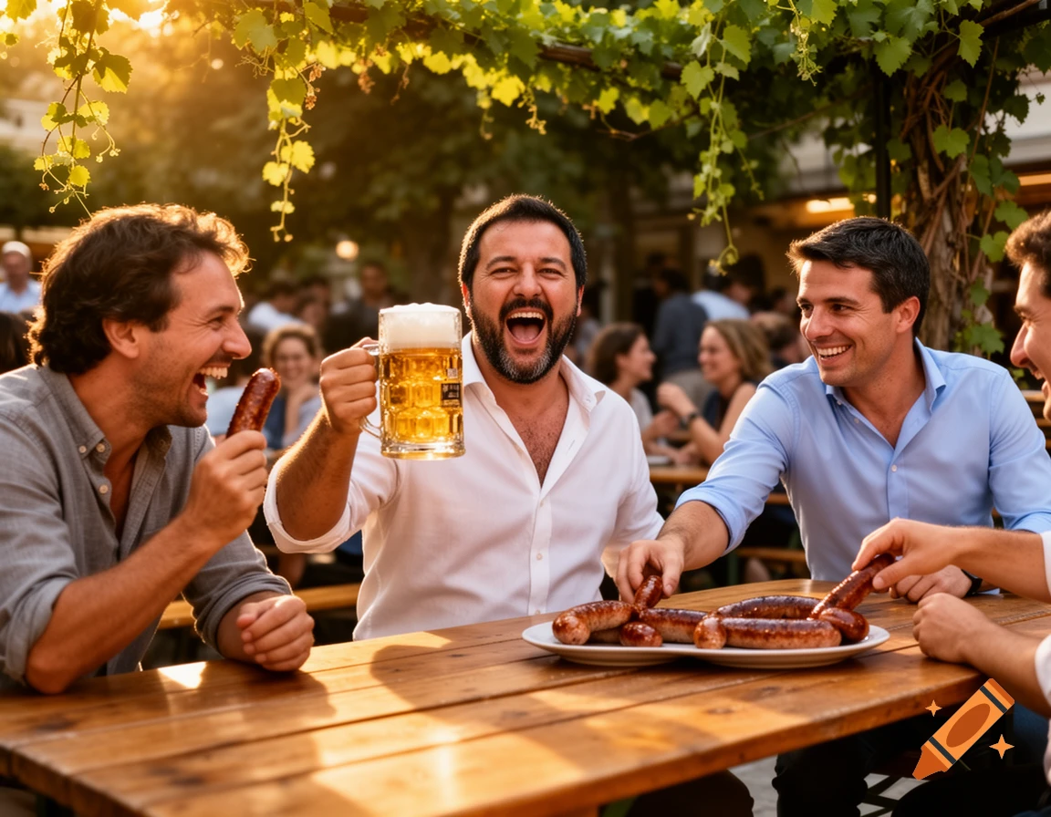 Three men laugh and enjoy beer and sausages at an outdoor table under dappled sunlight.