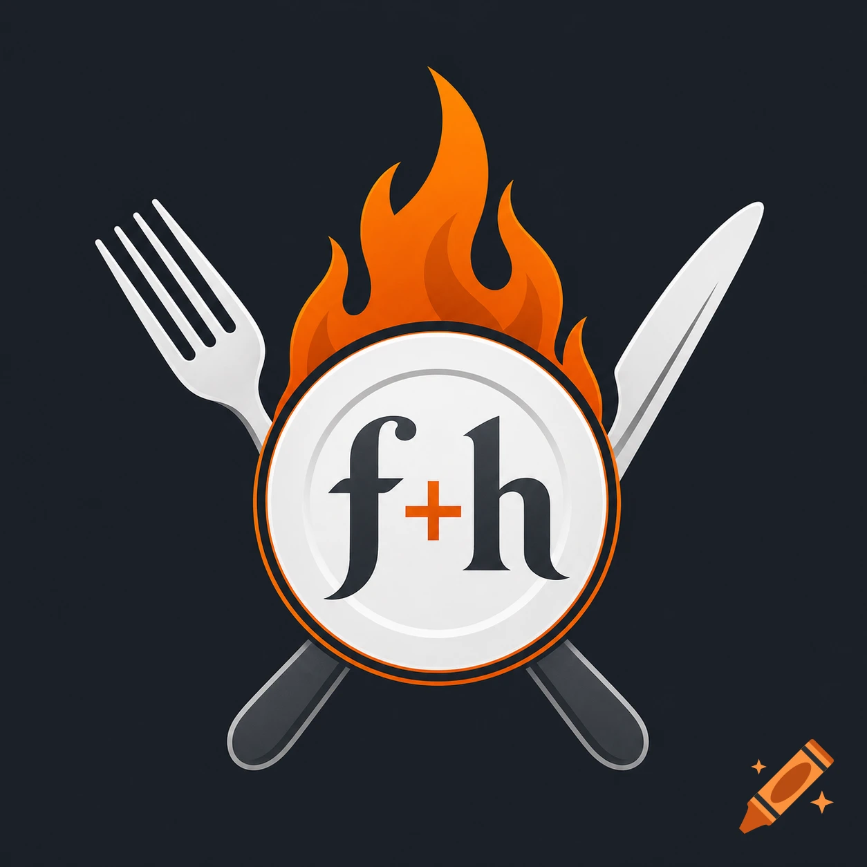 Logo featuring a burning white plate with 'f+h' in black text, crossed by a fork and knife on a dark background.