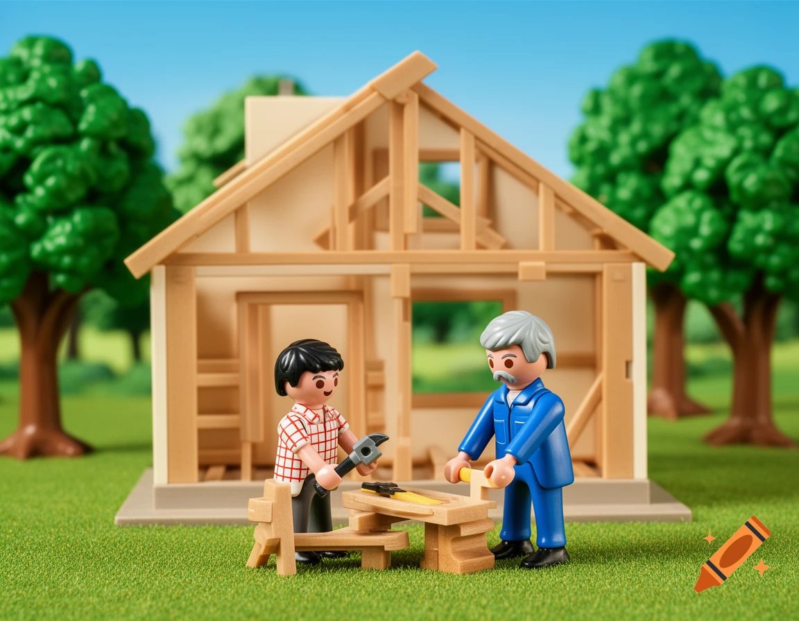 Two Playmobil figures, one young and one old, work on the wooden frame of a house on a green lawn with trees under a blue sky.