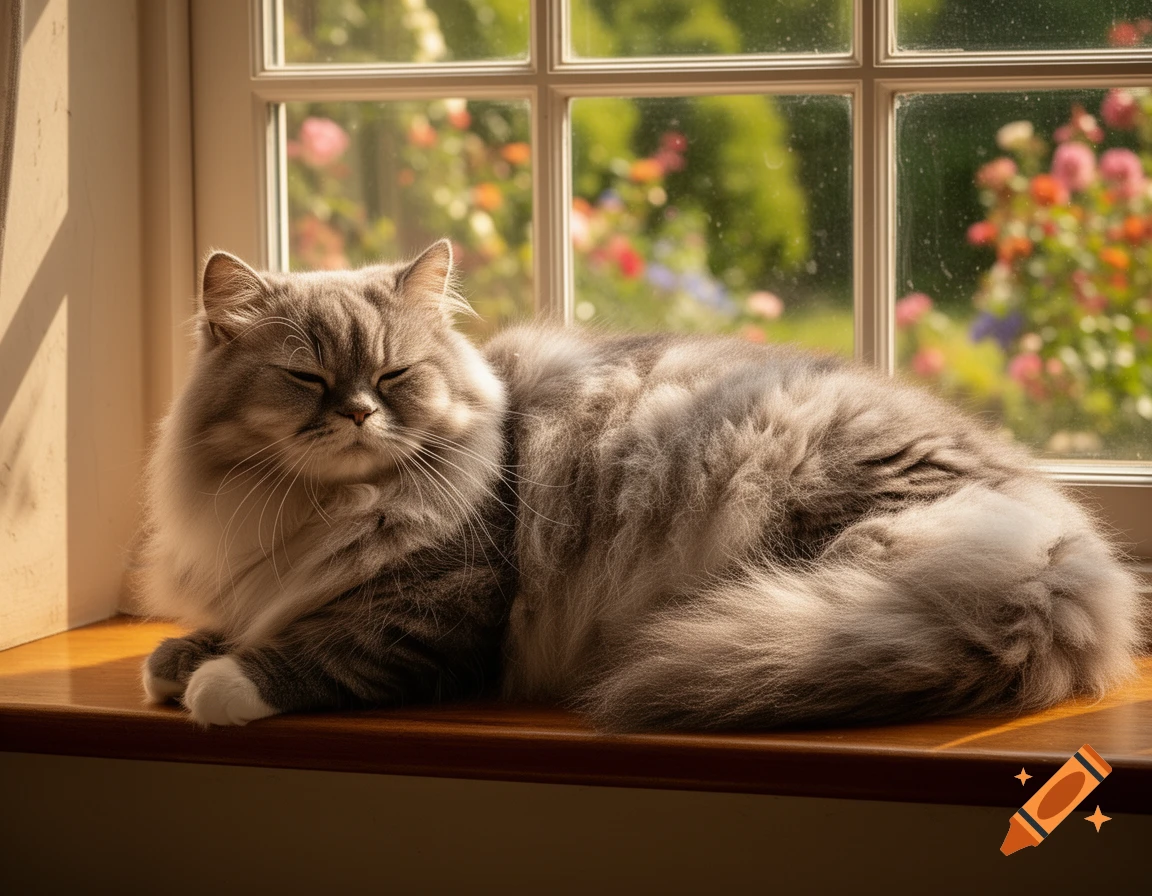 A fluffy grey cat with closed eyes rests on a wooden windowsill, bathed in warm sunlight, with a blurry garden visible through the window.