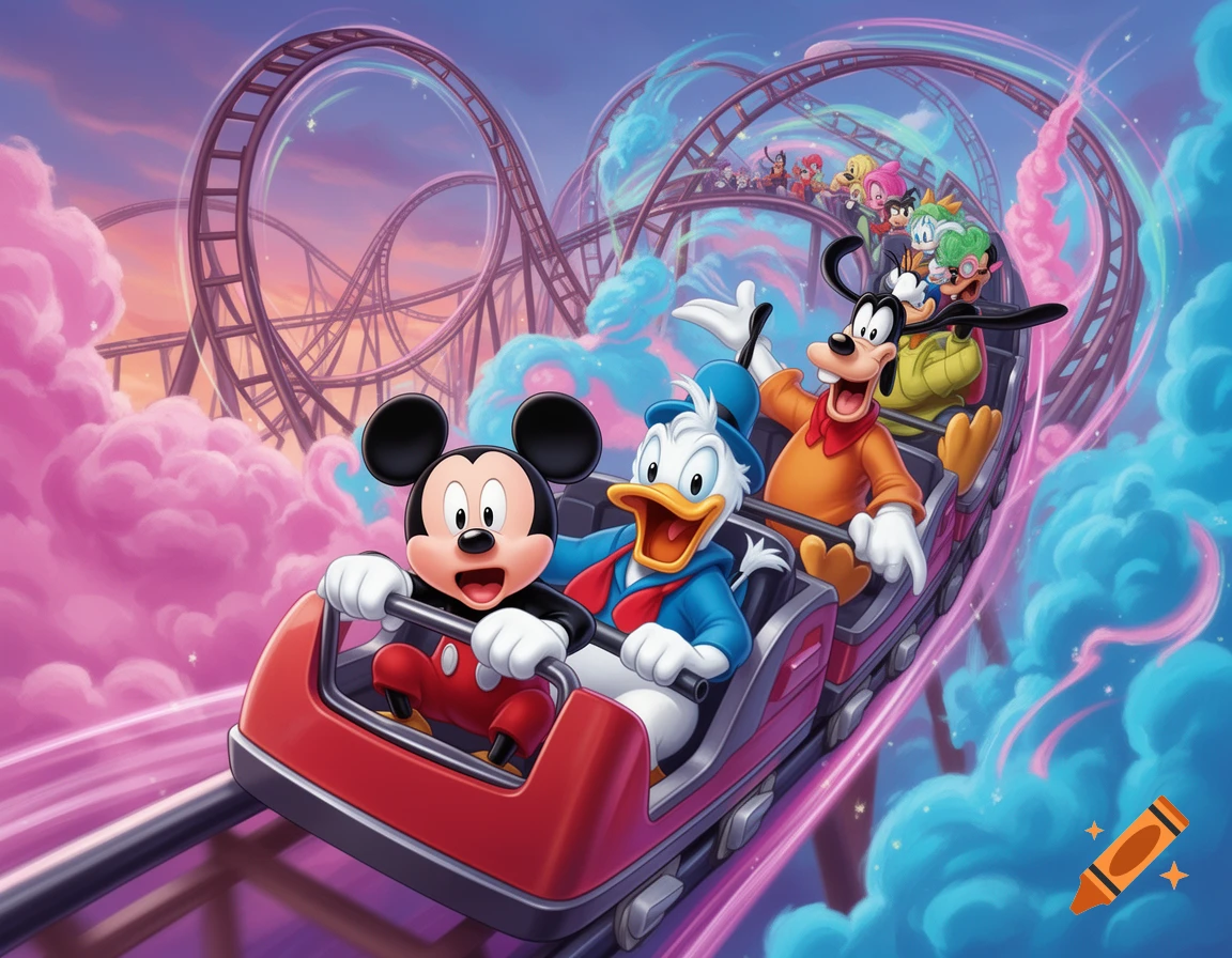 Mickey Mouse, Donald Duck, and Goofy ride a roller coaster through colorful clouds, with other animated characters following behind.