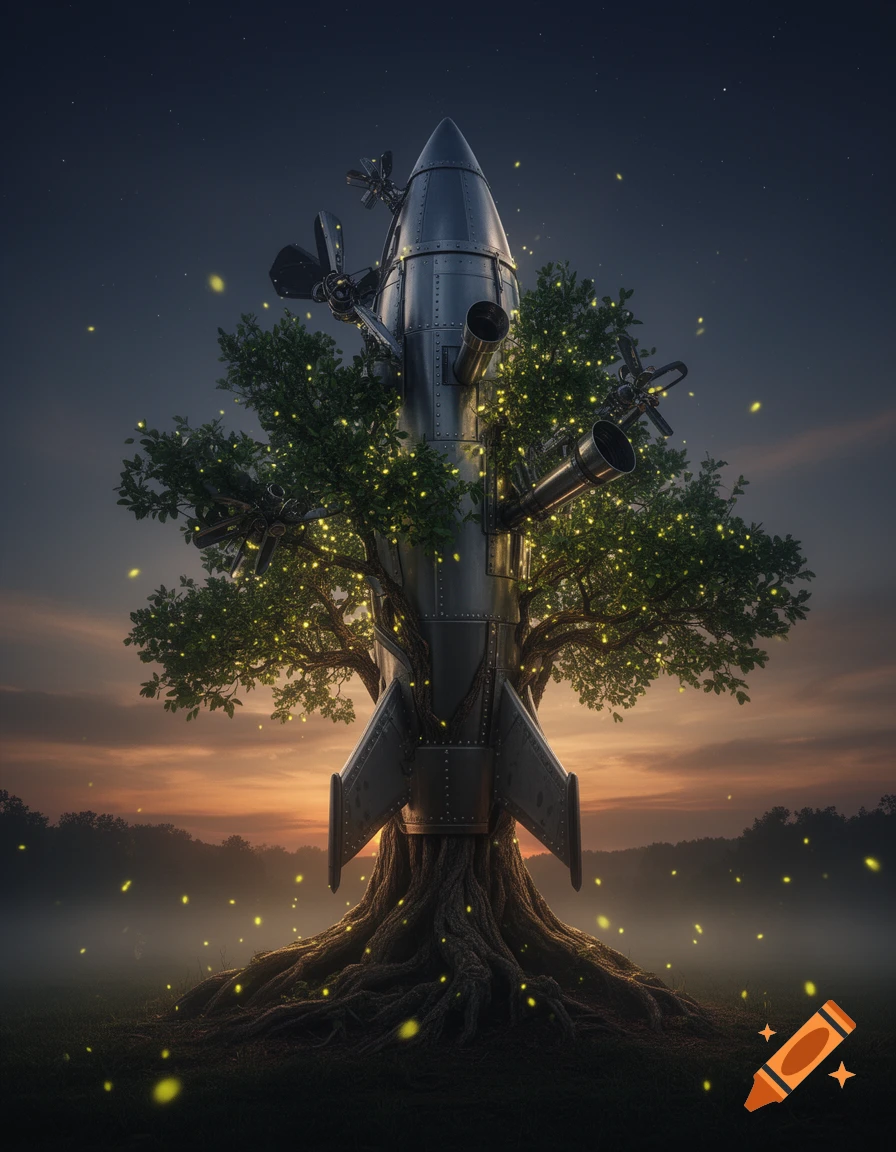 A fantastical image of a silver rocket growing from a tree trunk, surrounded by glowing lights, set against a dark, starry sky and sunset.