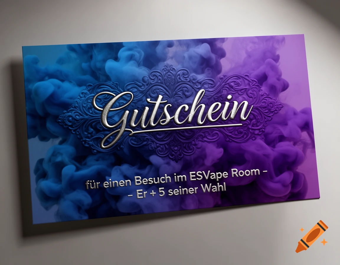 Photorealistic gift voucher with a blue and purple smoke background, featuring 'Gutschein' and text for an ESVape Room visit.