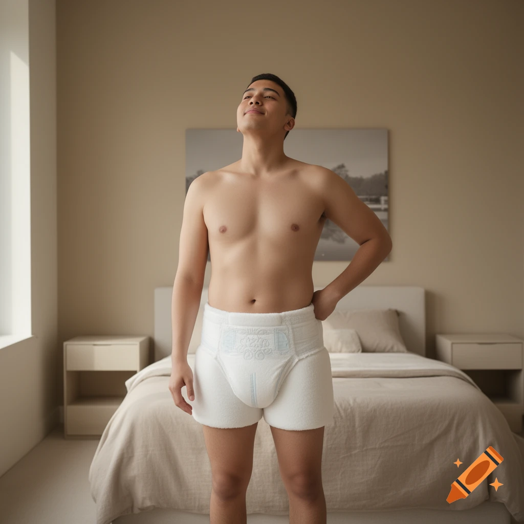 A man in a large white diaper stands shirtless in a bedroom, looking up with a subtle smile.